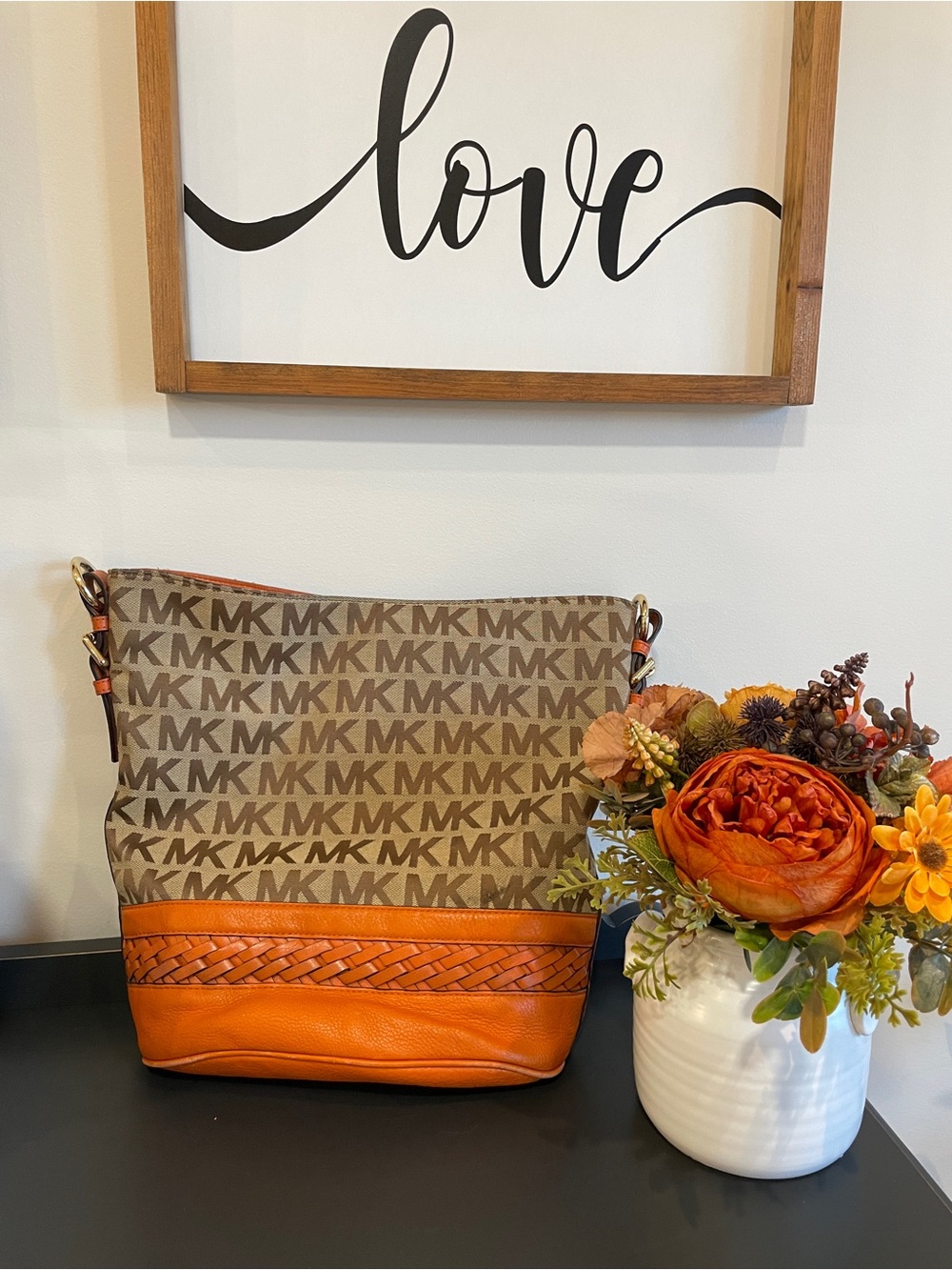 Authentic Michael Kors Brown & Orange Signature MK Shoulder Bag 2012